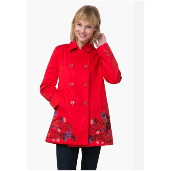 DESIGUAL Embroidered Norma Coat Jacket Trench Size 38 Tomato Red Cotton Blend - Picture 1 of 13